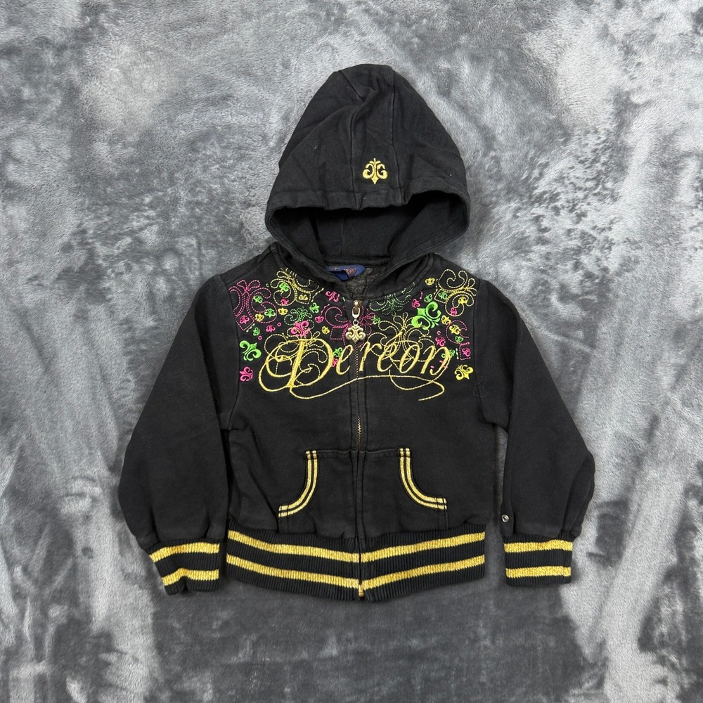 Dereon Zip Up Hoodie Girls 3T Black Gold Embroidered Fleur De Lis Y2K Style
